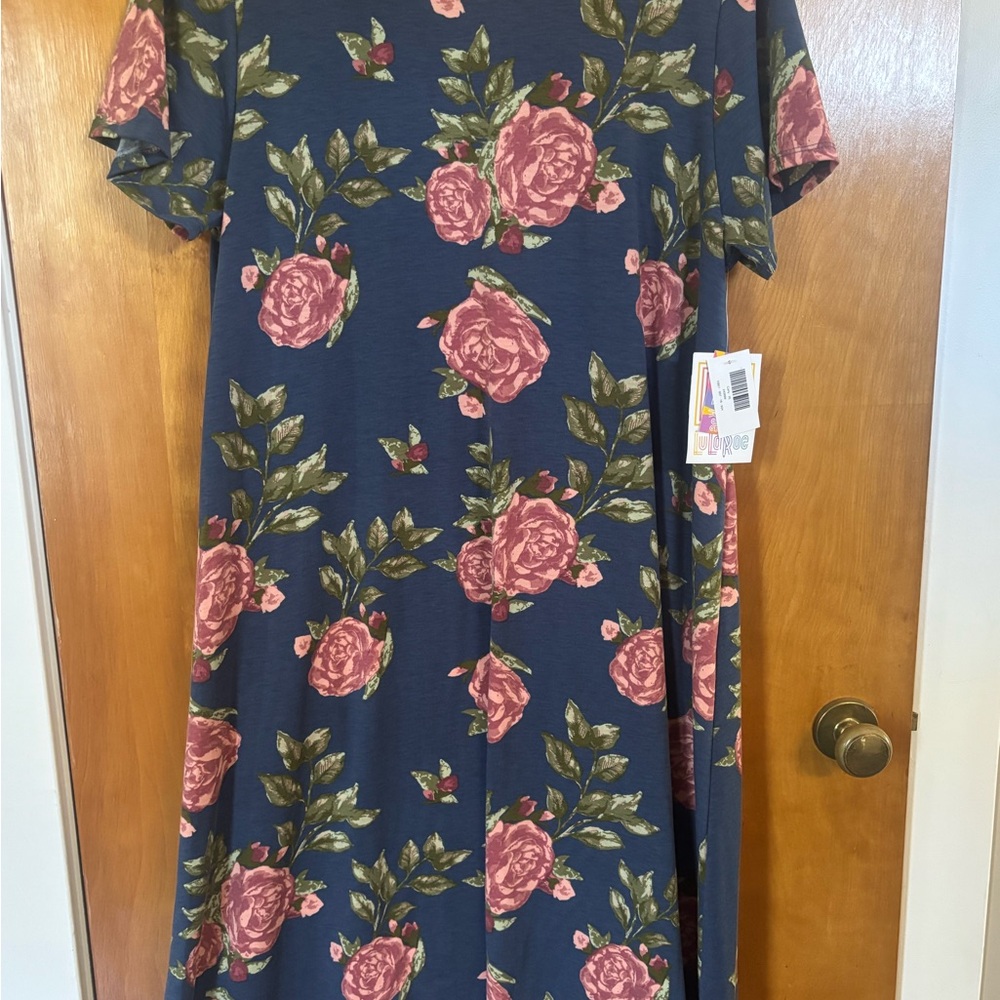 Floral Blue Dress with Pink Roses XL NEW with tags! LuLaRoe Carly Swing Dress